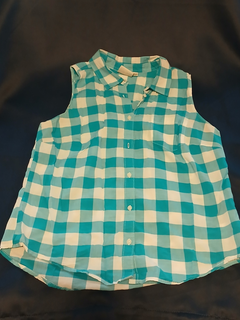 St. John's Bay Turquoise and White Sleeveless Check Button-Front Blouse